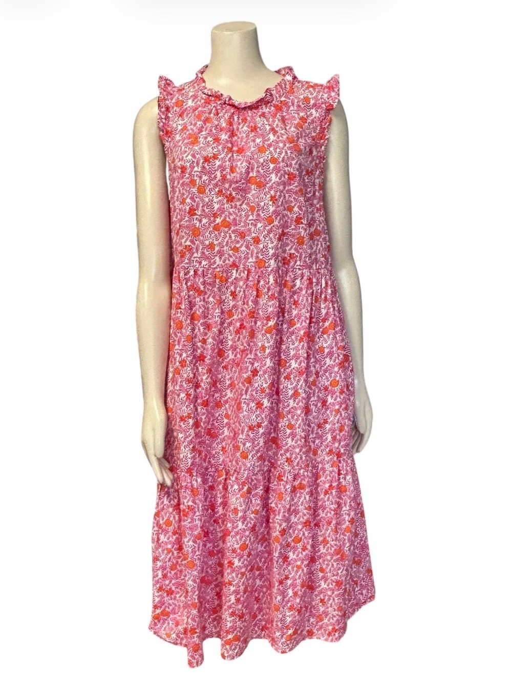 CREW womens pink floral ruffle midi sleeveless dress lined pockets womens 14